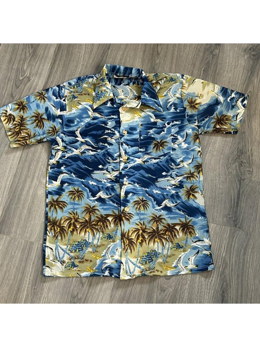 Vintage Towncraft Shirt Mens M Blue Seagull Palm Hawaiian Aloha Beach 70s Party